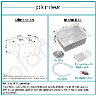 Plantex Guranteed 304 Grade Stainless Steel Kitchen Sink/Stainless Steel Kitchen Sink with 7 Years of Warranty by Plantex/Single Bowl Sink with All Fittings & Drain Rack (Silver Matt-24x18 Inches)