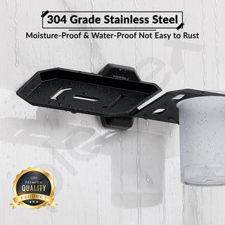 Plantex 2in1 Soap Dish with Tumbler Holder for Bathroom/304 Grade Stainless Steel Soap Holder with Toothbrush Holder/Bathroom Accessories - Pack of 1 (PMB-2409, Z-Black)