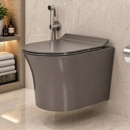 Plantex Platinum Ceramic Rimless Wall Hanging Commode/Western Toilet/Washdown Flush for Bathroom/Commode with Soft Toilet Seat Cover - P Trap ( Choco )