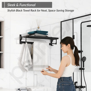 Plantex Aluminium Folding Towel Rack with Swivel Towel Rod/Towel Hanger for Bathroom/Towel Hanger with Hooks/Bathroom Accessories (24 Inch) Black