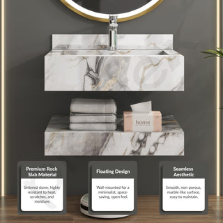 Plantex Floating Vanity/Slab Tile Vanity with Basin for Bathroom/Wall Mount Bathroom Vanity/Wash Basin Cabinet with Storage - 24 x 18 inch (ED-Gold-Marble Finish)