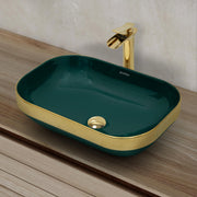 Plantex Wash Basin/Ceramic Table Top Wash Basin/Countertop Basin for Bathroom/Restaurants/Hotel â€“ Rectangular Green & Gold - 20 x 14 x 6 Inch)