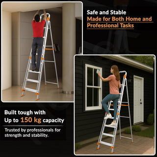 Plantex Secura 8 Step Aluminium Ladder for Home/Foldable Ladder with Safe Hand Rails/5 Year Manufacturer Warranty(Orange-Silver)