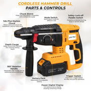 Plantex Cordless Rotary Hammer Drill 21V/Brushless Motor/600W/26mm Chuck/4500 BPM/Heavy Duty Hammer Drill with 2 Batteries, Charger & Carrying Case – Yellow (APS-H003)