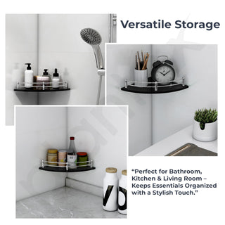 Plantex Black Glass Corner Shelf for Bathroom/Living Room Corner Shelf Wall Mount with Stainless Steel Railings and Brackets - Premium Bathroom Accessories (12 x 12 Inches - Pack of 1)