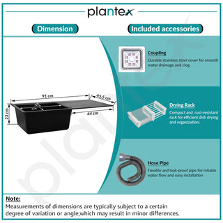Plantex Sink for Kitchen/Granite Quartz Single Bowl Kitchen Sink With Drain Board/Undermount/Top Mounted (Black-36x18 Inches)