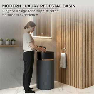 Plantex Matt Pedestal Wash Basin/Acrylic Resin & Quartz Free Standing Wash Basin/Round Basin For Bathroom/Home/Hotel/Restaurant- (Black And Grey, 16 X 16 X 34 Inch)