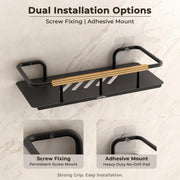 Plantex Self Adhesive Bathroom Shelf/Stainless Steel Bathroom Shelf Rack/Wall Shelf for Bathroom/Bathroom Organiser without Drill/Bathroom Accessories Set- Pack of 1 (12x5 inches, Gold & Black)
