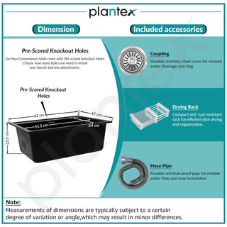 Plantex Matt Quartz Sink For Kitchen/UV Protected Kitchen Sink/Granite Single Bowl Sink/Undermount/Topmount (Nano Black - 24X18 Inches)