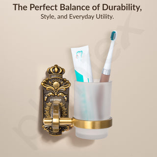 Plantex Antique Aluminium Tumbler Holder/Matt Glass Tooth Brush Stand/Bathroom Accessories (Brass-Antique Finish)