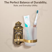 Plantex Antique Aluminium Tumbler Holder/Matt Glass Tooth Brush Stand/Bathroom Accessories (Brass-Antique Finish)