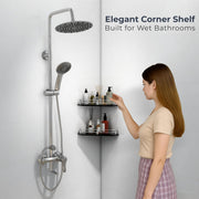 Plantex Premium Glass Corner Shelf for Bathroom/Kitchen Glass Shelf/Wall Mounted Bathroom Corner Shelf (9x9 Inches -Diamond-Black - Pack of 2)