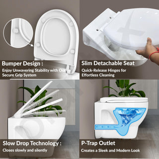 Plantex Wall Hung Commode/Rim Ceramic Western Toilet/Washdown Commode for Toile with Soft Closing Toilet Seat - P Trap Outlet - (White)