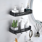 Plantex Bathroom Accessories Items/Space Aluminium Bathroom Shelf with Removable Hooks/Wall Mounted Shelf for Bathroom/Kitchen/Living Room - 12x5 inches, Black (Pack of 2)
