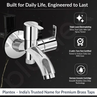 Plantex Pure Brass 2 in 1 Tap for Washing Machine with Water Saving Nozzle for Kitchen Tap/2-Way Bib Cock with Brass Wall Flange & Teflon Tape -7 Year Warranty (AQ-1407-Chrome)