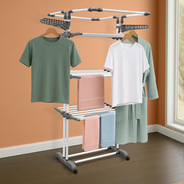 Plantex Cloth Stand for Drying Clothes/GI Steel Cloth Stand/Cloth Drying Stand with 4 Hangers/Movable Cloth Rack (White & Gray) Clofera Jumbo