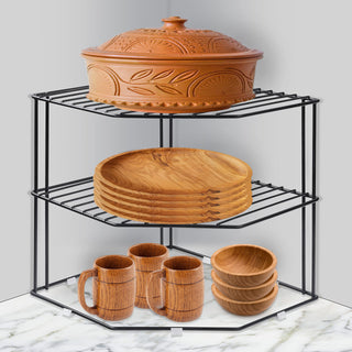 Plantex Stainless Steel Multipurpose 3-Tier Floor Standing, Tabletop Kitchen Corner Rack/Storage Shelf/Dish Rack/Storage Rack For Kitchen/Corner Stand For Kitchen Corner(Black, Corner Shelf)