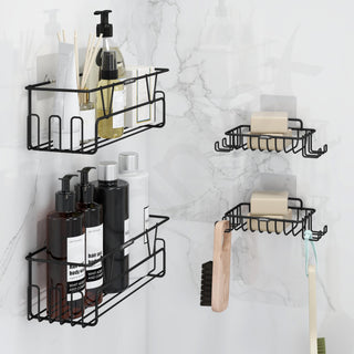 Plantex 4in1 Bathroom Organiser Without Drill/Self Adhesive Shelf for Bathroom and Soap Dish/GI Steel Wall Mounted Shelf and Soap Holder with Hooks (Black)