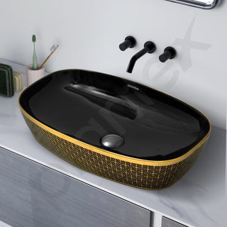 Plantex Wash Basin for Bathroom/Ceramic Counter Top Basin/Washbasin for Home/Office/Hotel - (Black & Gold - 23.5 x 15 x 5.5 Inch)