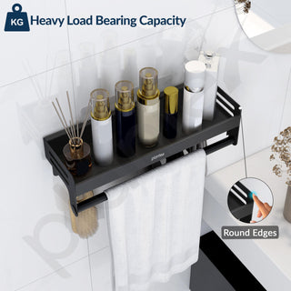 Plantex Aluminium Multipurpose Bathroom Shelf with Towel Rod and Movable Hooks/Rack Shelf for Bathroom/Kitchen Shelf Organizer (Black)