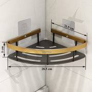 Plantex Self Adhesive Bathroom Corner Shelf/Aluminium Wall Mounted Rack for Kitchen Corner with Golden Railing & Magic Stickers/Bathroom Accessories (9x9 inches, Gold & Black)