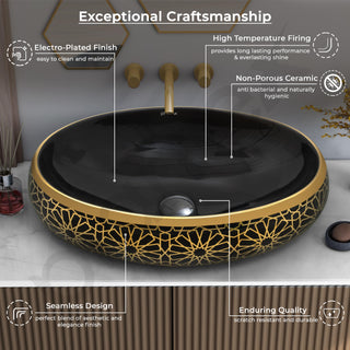 Plantex Ceramic Tabletop Washbasin for Bathroom/Designer Hand Wash Basin/Oval Vessel Sink Basin for Home/Hotel (23.5x16.5x6 Inch - Black & Gold)