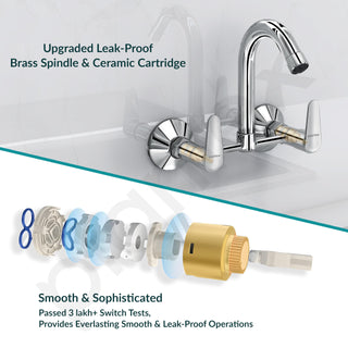 Plantex Pure Brass Bathroom Basin Mixer with Swivel Spout/Double Handle Hot & Cold Water Tap for Kitchen Sink with Brass Wall Flange & Teflon Tape (DOL-2315, Chrome)
