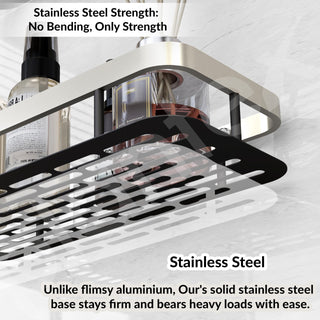 Plantex Bathroom Rack Without Drilling/Stainless Steel Bathroom Shelf for Wall with Aluminium Railing & Magic Stickers/Bathroom Accessories (12x5 inches, Satin & Black)