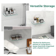 Plantex Frosted Glass Shelf for Bathroom/Kitchen Shelf for Wall/Living Room Wall Storage Shelf with Chrome Finish Brass Railings and Brackets (12x6 Inches - Pack of 2)