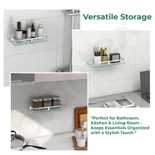 Plantex Multipurpose Frosted Glass Shelf for Bathroom/Shelves for Kitchen/Living Room Wall Shelf with Brass Railings and Wall Brackets (Chrome Finish, 12x6 Inches, Pack of 3)