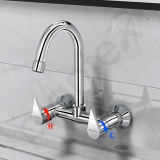 Plantex Pure Brass PAC-1814 Sink Mixer Tap Hot and Cold/Double Handle Water Tap for Bathroom Basin with Brass Wall Flange & Teflon Tape-Wall Mount (Chrome Finish)