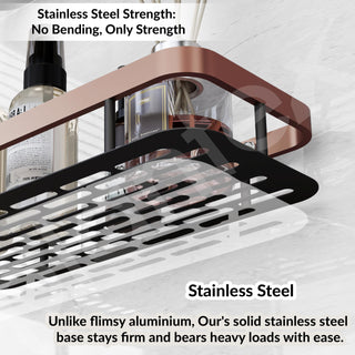 Plantex Self Adhesive Bathroom Shelf for Wall/Stainless Steel Rack with Aluminium Railing & Magic Stickers/Bathroom Organiser - Pack of 3 (12x5 inches, Copper & Black)