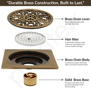 Plantex Solid Brass Floor Drain Cover/Shower Drain Cover/Floor Drain Jali for Bathroom/Kitchen/Balcony/Terrace - (Brass Antique, 5 x 5 Inch)