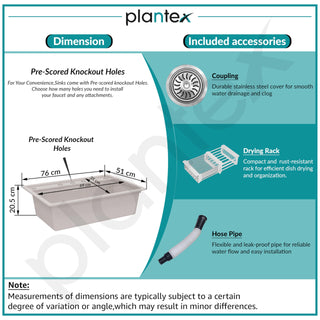 Plantex Matt Quartz Kitchen Sink/UV Protected Kitchen Sink/Undermount Sink For Kitchen/Granite Single Bowl Sink With Coupling (Mosaic Grey, 20X30 Inches)