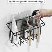 Plantex Self-Adhesive Toothbrush Holder/Bathroom Organiser Without Drill/Storage Rack/Shelf for Bathroom Wall- (Black, Alloy Steel, Hanging Shelves)