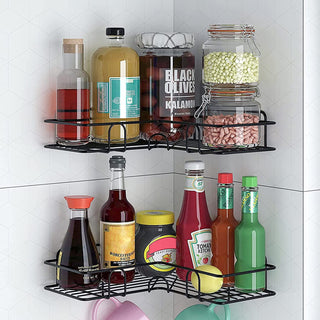 Plantex 2 Self-Adhesive Shelves for Corner Walls for Bathroom Organizer - Bathrom Corner Shelf with Magic Sticker (Black) Metal
