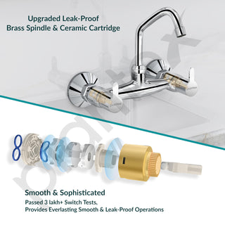 Plantex Pure Brass Kitchen Sink Tap with 360° Swivel Spout/Dual Handle Hot and Cold Water Tap for Kitchen/Sink Mixer with Brass Wall Flange and Teflon Tape (FLO-814-Chrome)