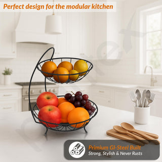Plantex Heavy Steel 2-Tier Fruit & Vegetable Basket For Dining Table/Kitchen - Countertop (Black), 9 Liter , 23 x 32 x 28 Centimeters
