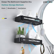 Plantex Bathroom Accessories Items/Space Aluminium Bathroom Shelf with Removable Hooks/Wall Mounted Shelf for Bathroom/Kitchen/Living Room - 12x5 inches, Black (Pack of 2)