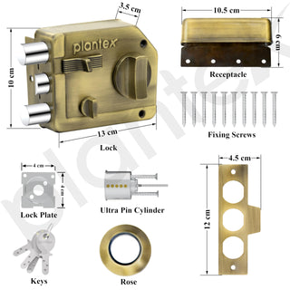 Plantex Heavy Duty Rim Locks for Main Door/Tri Bolt Lock for Main Door with 4 Keys/Suitable for Inside Opening Wooden Door - Pack of 1 (Brass Antique)