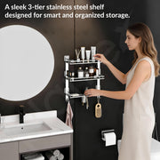 Plantex 5in1 Bathroom Organiser Without Drill/3 Tier Self Adhesive Stainless Steel Shelf/Multipurpose Shelf for Bathroom with Double Soap Dish and Toothbrush Holder(Chrome)