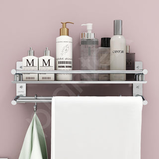 Plantex Premium Stainless Steel Bathroom Shelf/Multipurpose Rack with Towel Hooks & Hanger/Rod/Bathroom Organiser with Drill/Bathroom Stand-(2-Tier,Chrome)