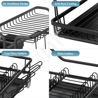 Plantex 2 Tier Dish Rack with Drainer Tray/Black Dish Drying Rack/GI Steel Utensil Stand with Drainer Tray, Plate & Bowl Holder, Glass Organizer for Kitchen