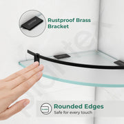 Plantex Premium Frosted Glass Corner Shelf for Bathroom/Kitchen Glass Shelf with Brass Railings and Brackets/Bathroom Corner Shelf/Storage Rack (Black-9x9 Inches- Pack of 2)