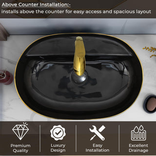 Plantex Ceramic Tabletop Wash Basin for Bathroom/Counter Top Washbasin/Oval Vessel Sink Basin for Home/Hotel/Office (24x16x5.5 Inch - Black & Gold)