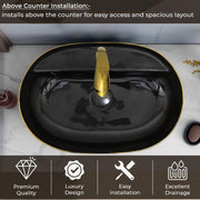 Plantex Ceramic Tabletop Wash Basin for Bathroom/Counter Top Washbasin/Oval Vessel Sink Basin for Home/Hotel/Office (24x16x5.5 Inch - Black & Gold)