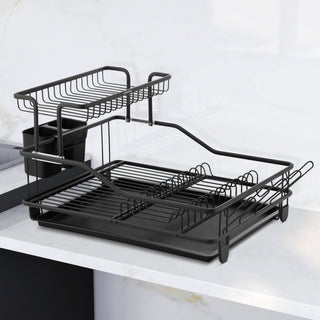 Plantex 2 Tier Dish Rack with Drainer Tray/Black Dish Drying Rack/GI Steel Utensil Stand with Drainer Tray, Plate & Bowl Holder, Glass Organizer for Kitchen