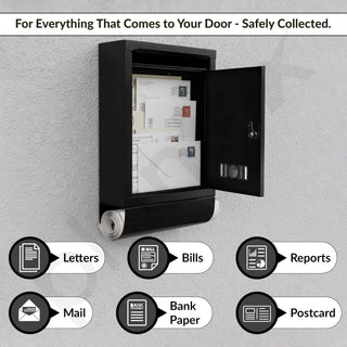 Plantex GI Steel Letter Box for Home Gate with News Paper Holder/Post Box/Suggestion Box for Office Use with Secure Lock and Keys/Complaint Box/Mail Box - (Black) Wall Mount