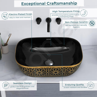 Plantex Ceramic Designer Washbasin for Bathroom/Countertop Basin/Rectangle Tabletop Wash Basin for Home/Office (Black & Gold - 18 x 13 x 5 Inch)