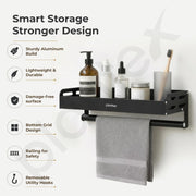 Plantex Aluminium Multipurpose Shelf with Towel Holder/Bathroom Shelf Rack/Bathroom Organizer/Bathroom Accessories - Pack of 1 (9515, Black)